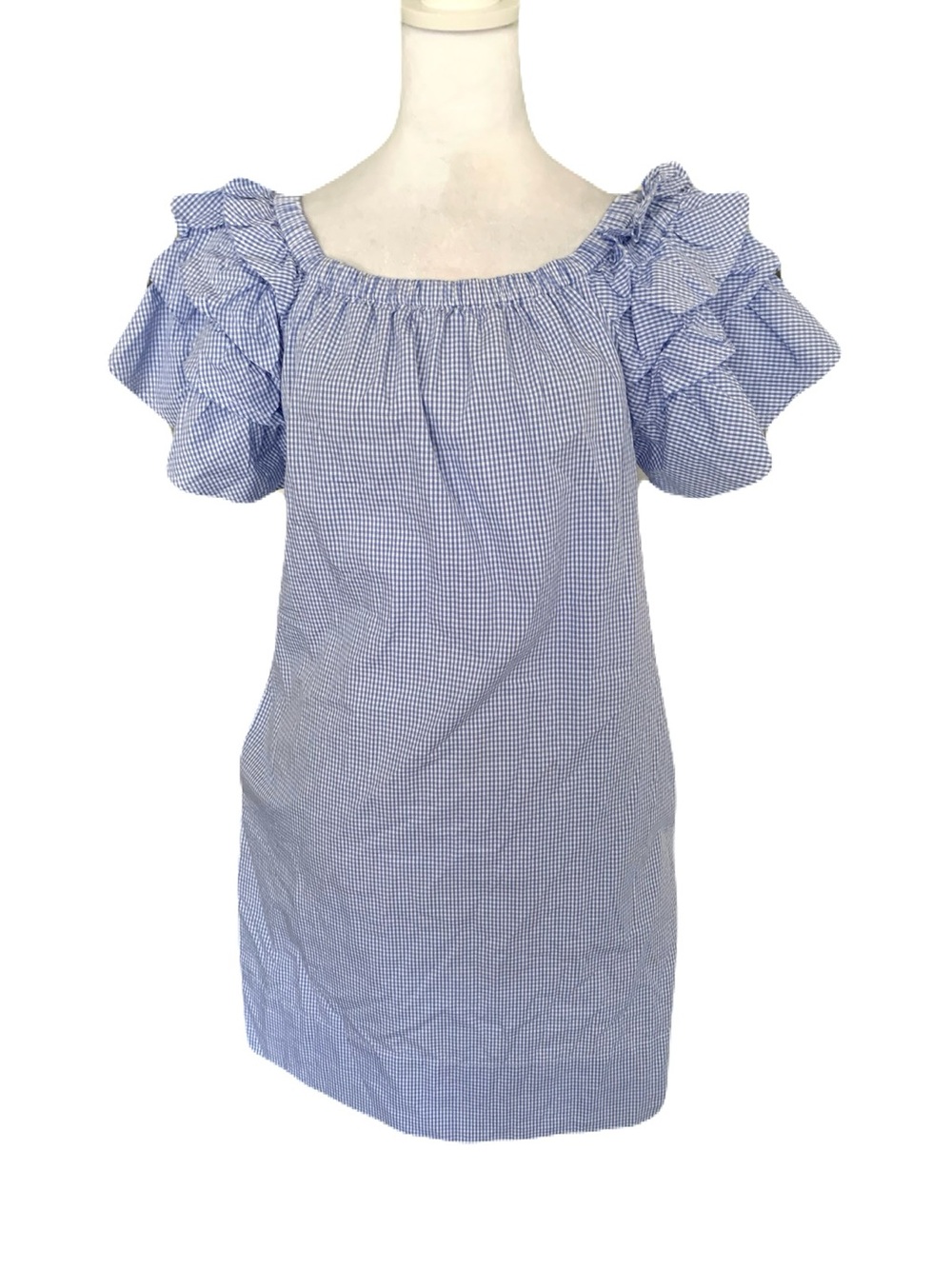 Sara Campbell XS Blue & White Gingham Plaid Mini Dress Ruffle Puff Sleeves
